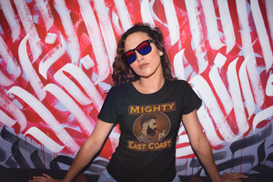 Women's Short Sleeve T-Shirt, decorated with Captain Mighty and Mighty East Coast