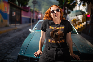 Women's Short Sleeve T-Shirt, decorated with Captain Mighty and Mighty Halifax